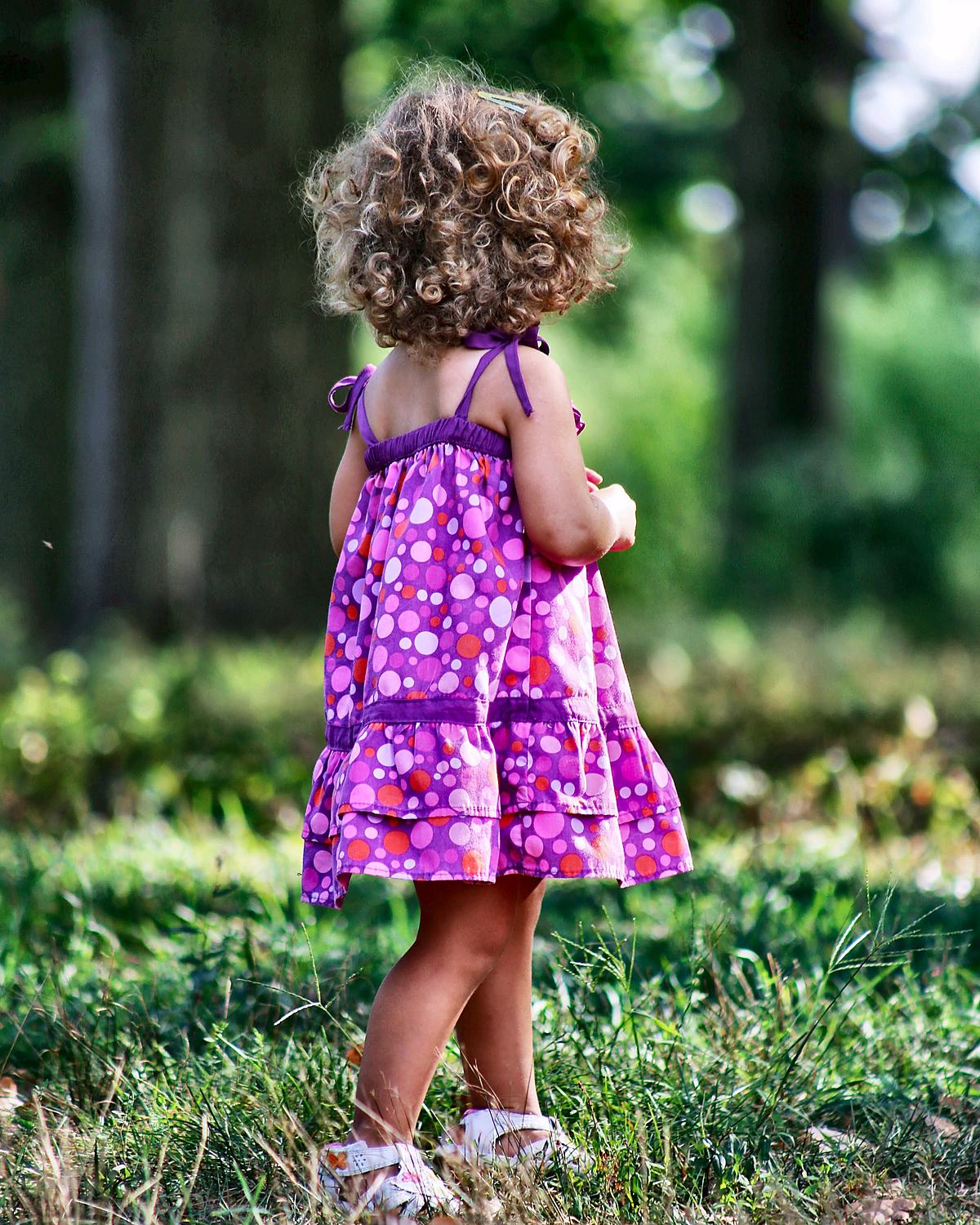 Small child in a purple dress seen from behind, dappled light through trees