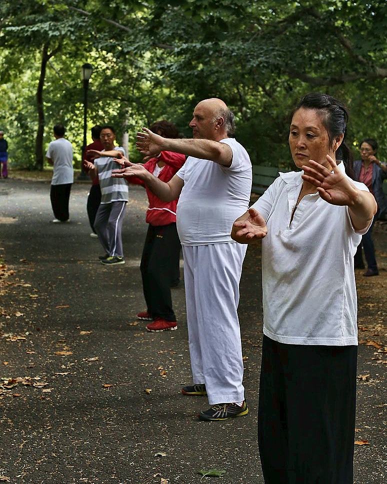 A line of people practising tai chi along a park path