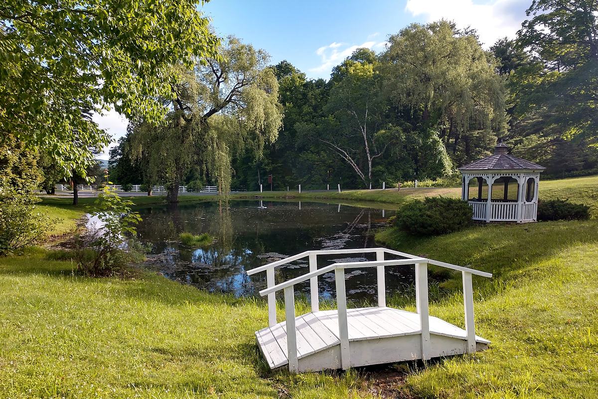 A landscaped garden with a white footbridge and a gazebo