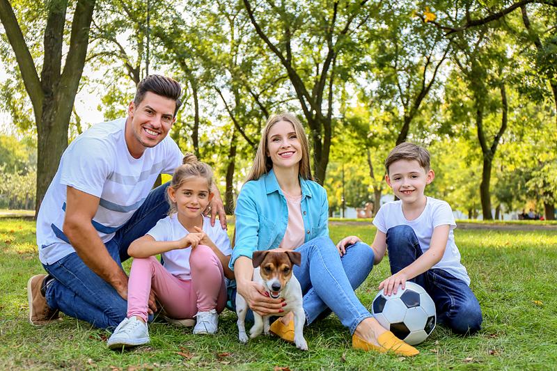 Reference frame: a family portrait on the grass with their dog