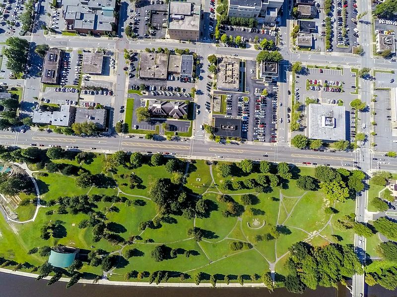 Reference frame: an overhead view of a residential neighbourhood and its park