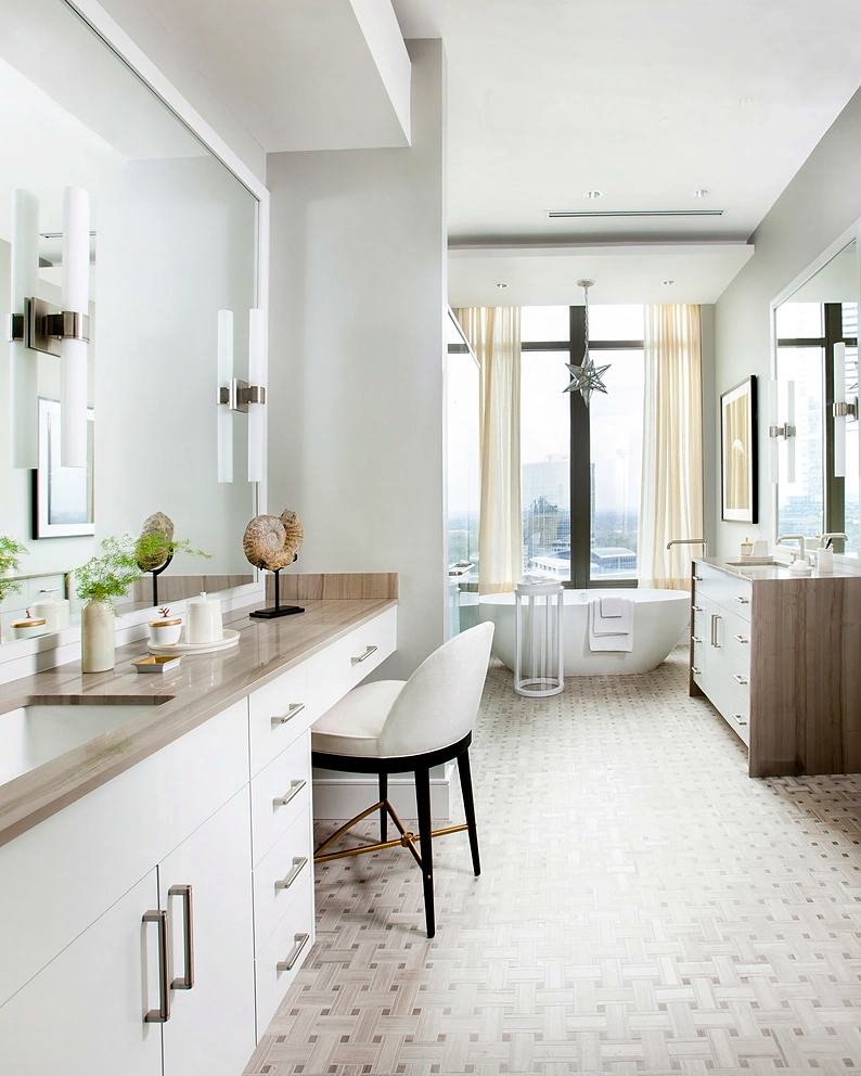 Reference frame: a white bathroom with vanity seating