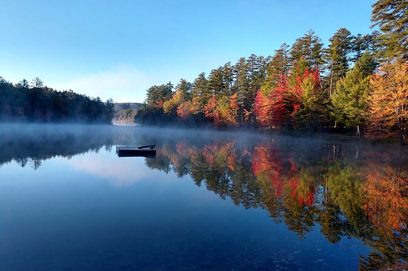 Autumn shoreline mirrored in still blue water